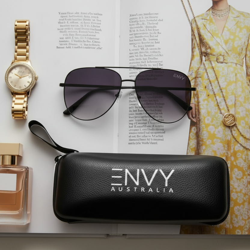 Sunglasses with a case labeled 'ENVY Australia' on an open magazine with fashion images.