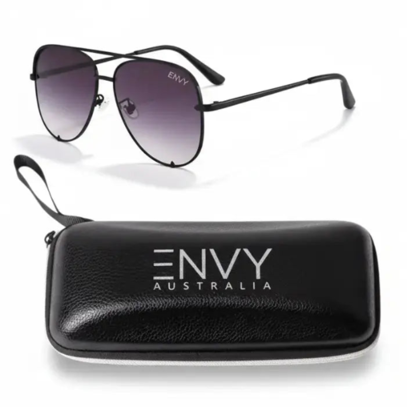 Black Fade sunglasses with gradient lenses and a black case featuring 'ENVY Australia' branding on a white background.