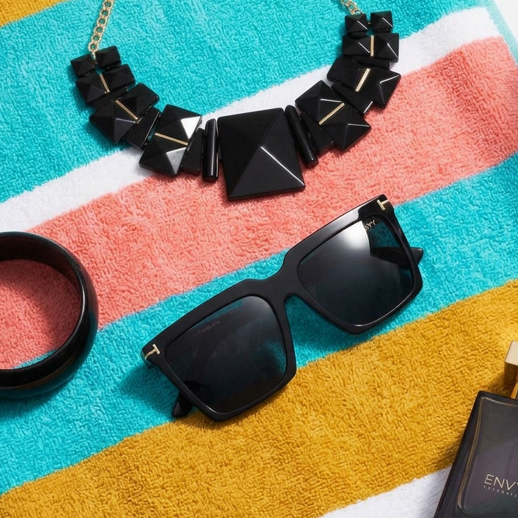 Black Envy sunglasses, necklace, and perfume bottle on a beach towel