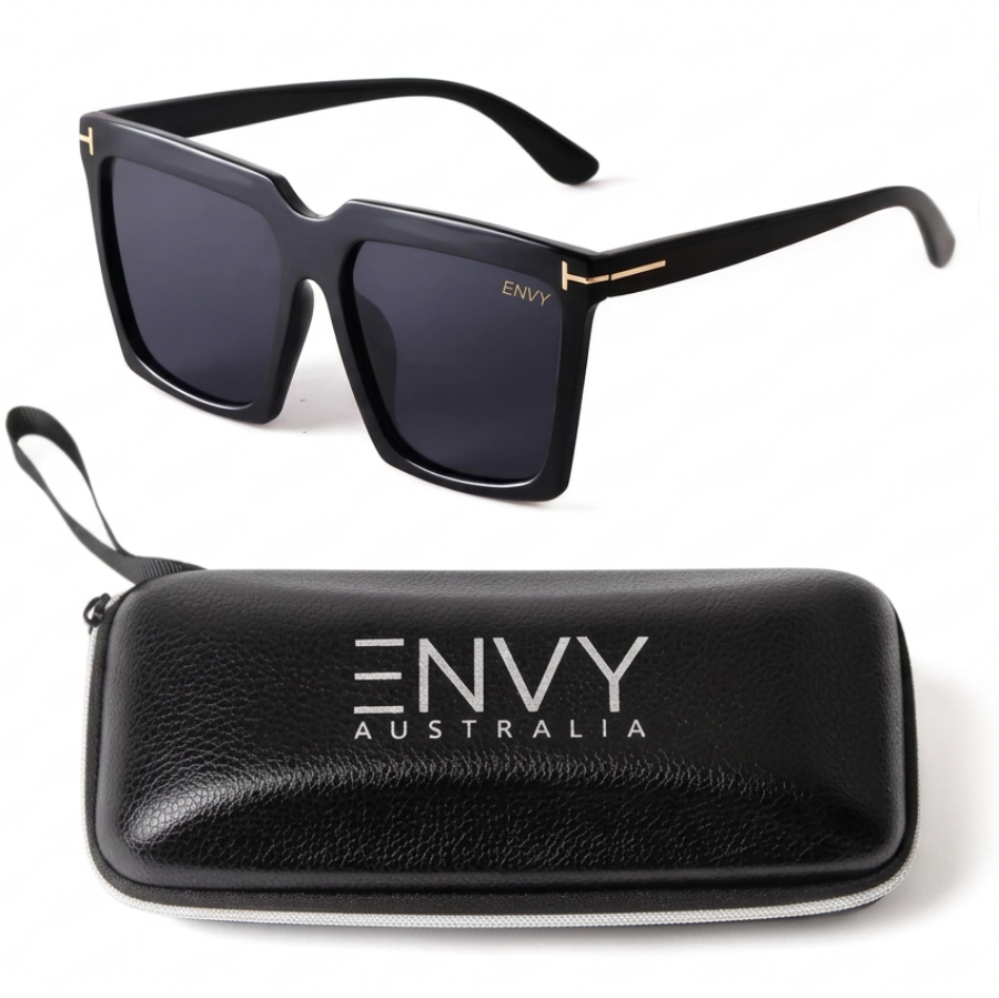 Black sunglasses with 'Envy Australia' case on a white background