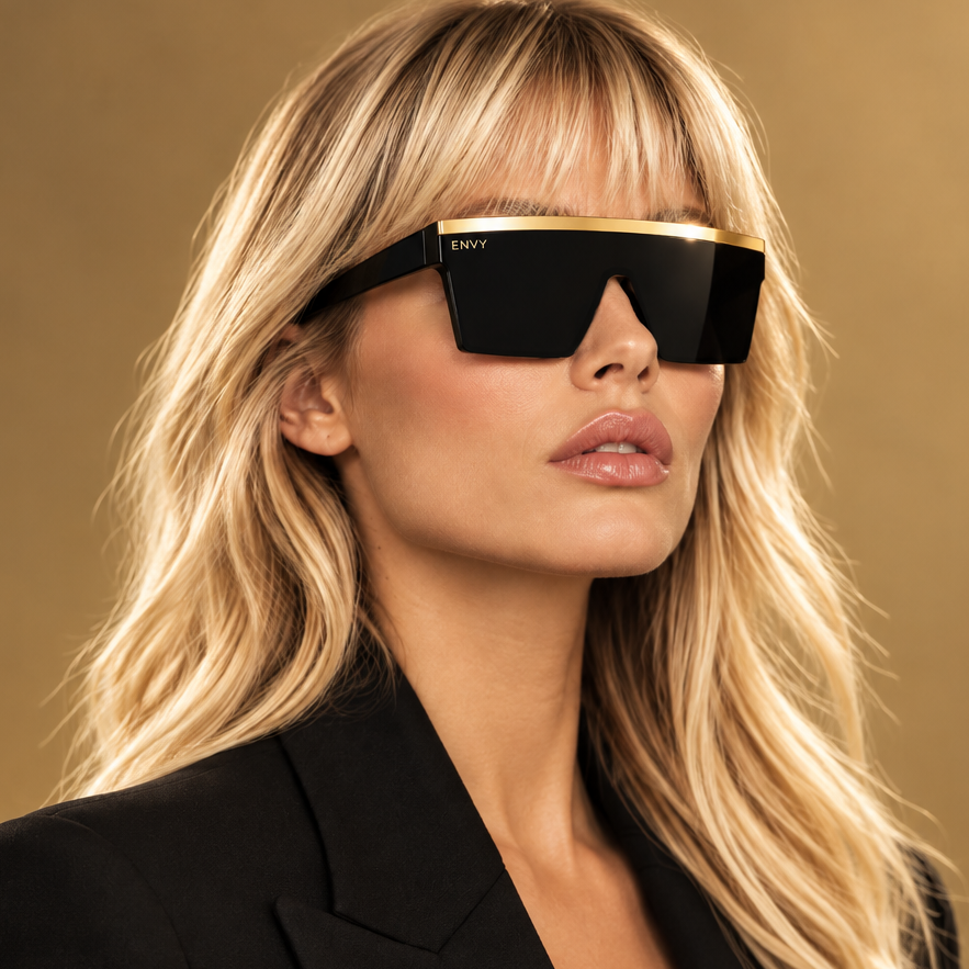 A blonde woman wearing black Dakota Gold sunglasses with a gold top bar and a black blazer, set against a warm gold studio background.