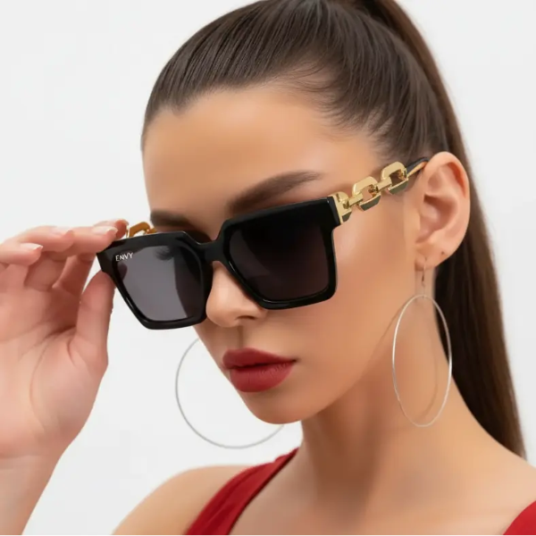 Black sunglasses with gold chain look arms by Envy Sunglasses