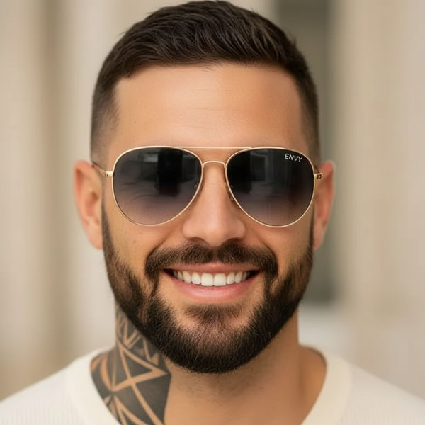 Man wearing golden black fade sunglasses with a gold frame