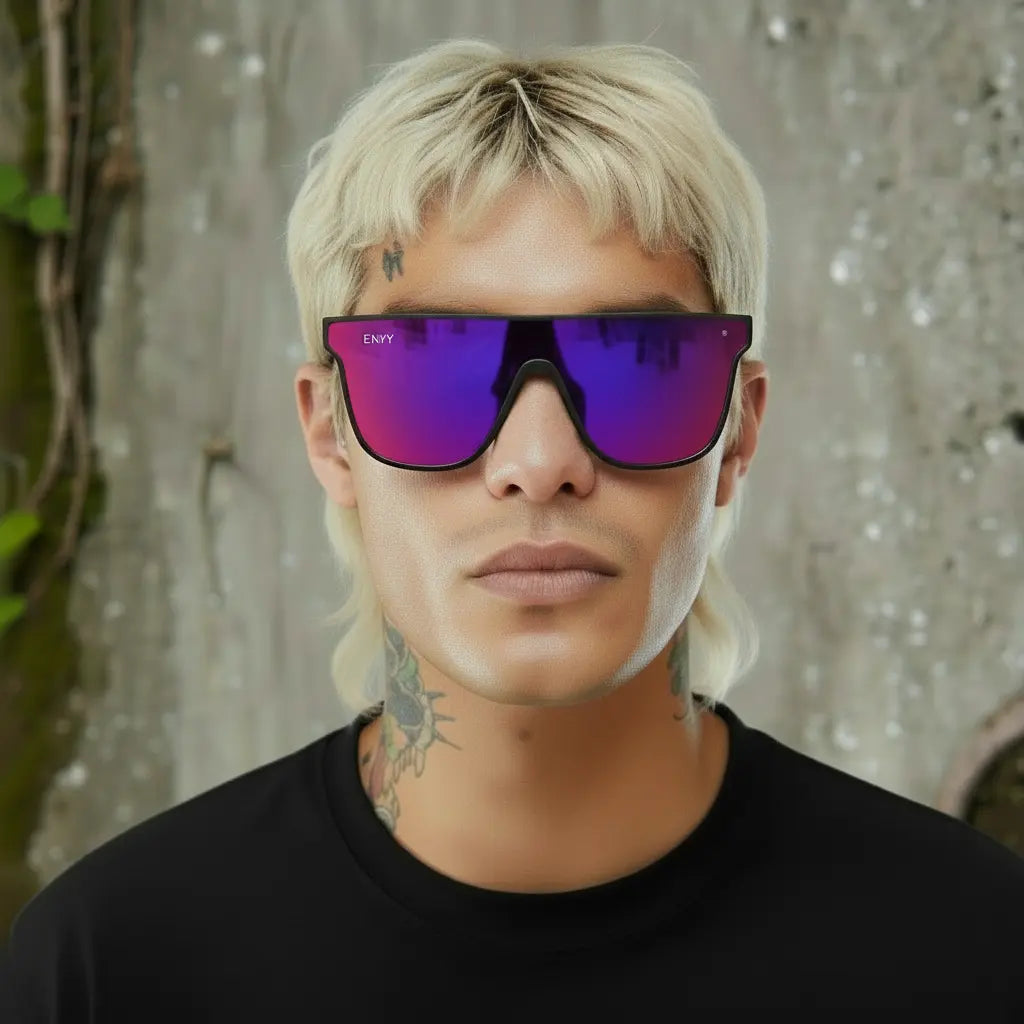 Person wearing purple Envy reflective sunglasses with a neutral background