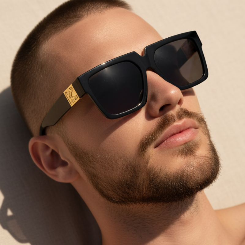 Man wearing London Look black sunglasses with gold accents, lying on a white background