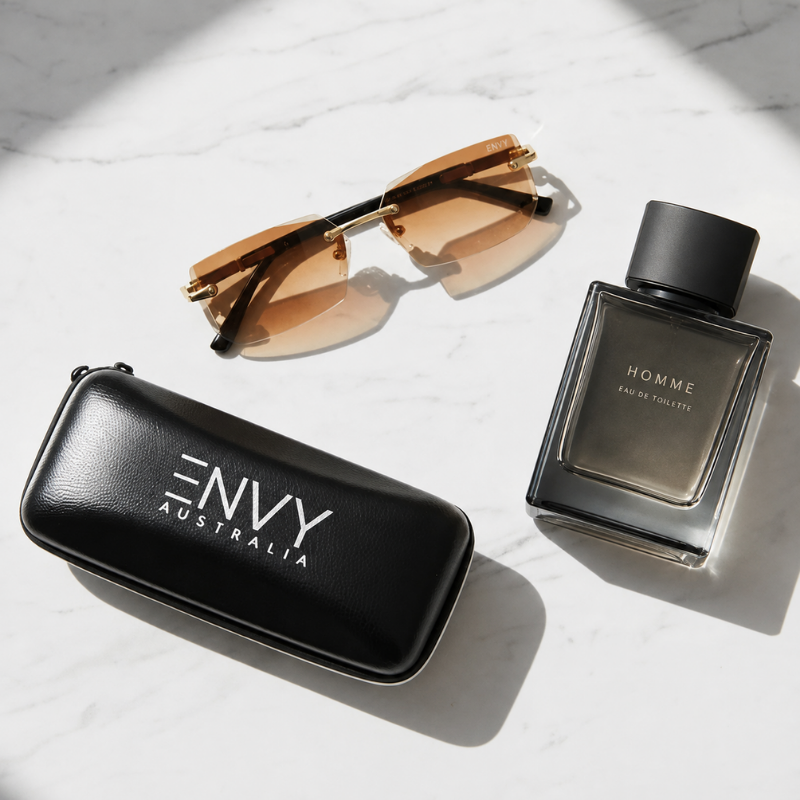 A styled flat-lay featuring a black leather eyeglasses case with 'ENVY AUSTRALIA' printed in white, a pair of gold-framed sunglasses with amber-tinted lenses, and a dark gray glass perfume bottle labeled 'HOMME EAU DE TOILETTE' on a white marble surface with soft diagonal shadows.