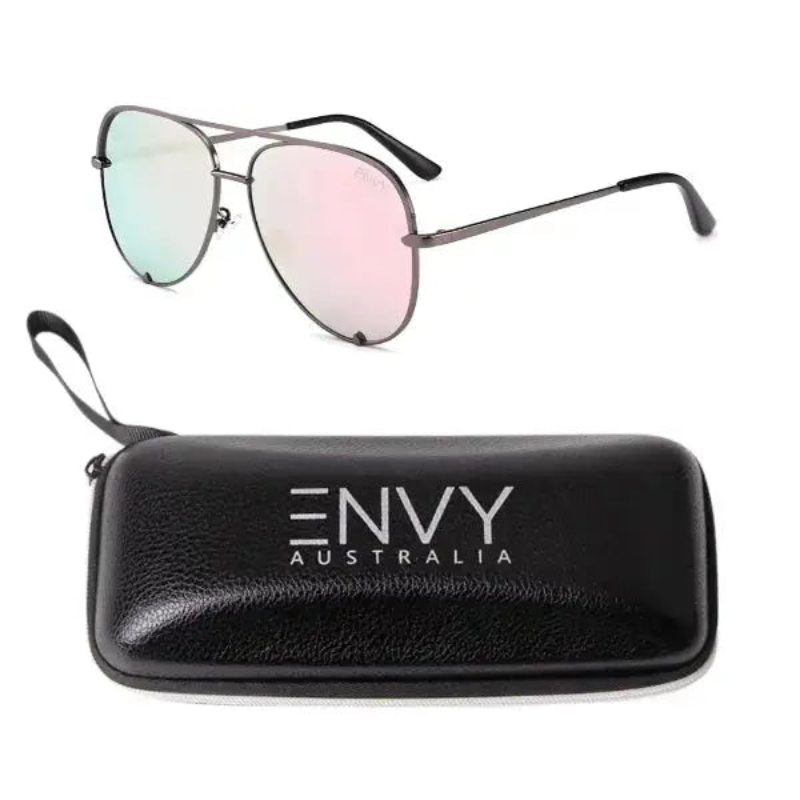Mirror Shine Aviator sunglasses with pink lenses and a black case labeled 'ENVY Australia' on a white background.