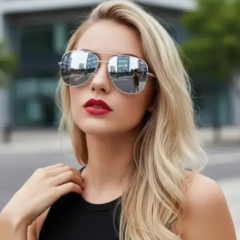 Woman wearing Mirror Shine sunglasses with a blurred cityscape background