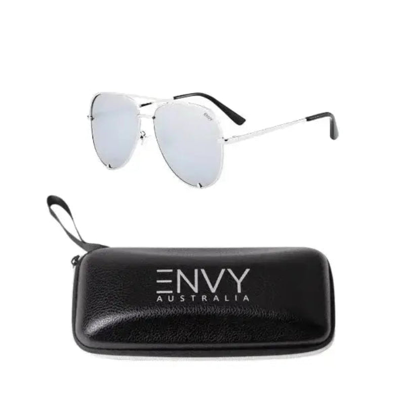 Mirror Shine Silver Sunglasses with a black case featuring 'Envy Australia' branding on a white background