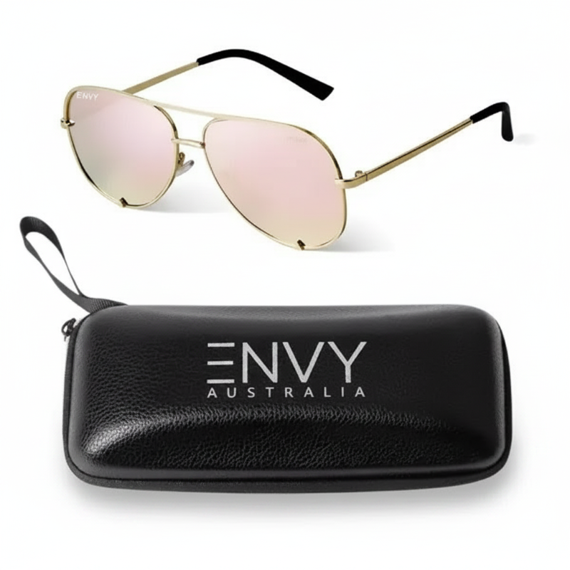 Mirror Shine Gold-framed sunglasses with pink lenses and a black case on a white background, branded 'ENVY Australia'.