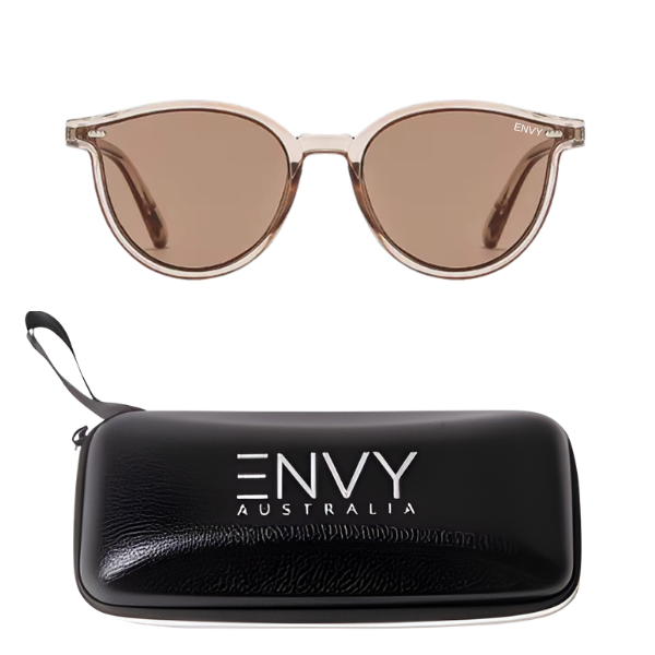 A pair of round sunglasses with translucent light brown frames and brown tinted lenses, shown above a black zippered hard case with 'ENVY AUSTRALIA' printed in white. The sunglasses are photographed on a clean white background.