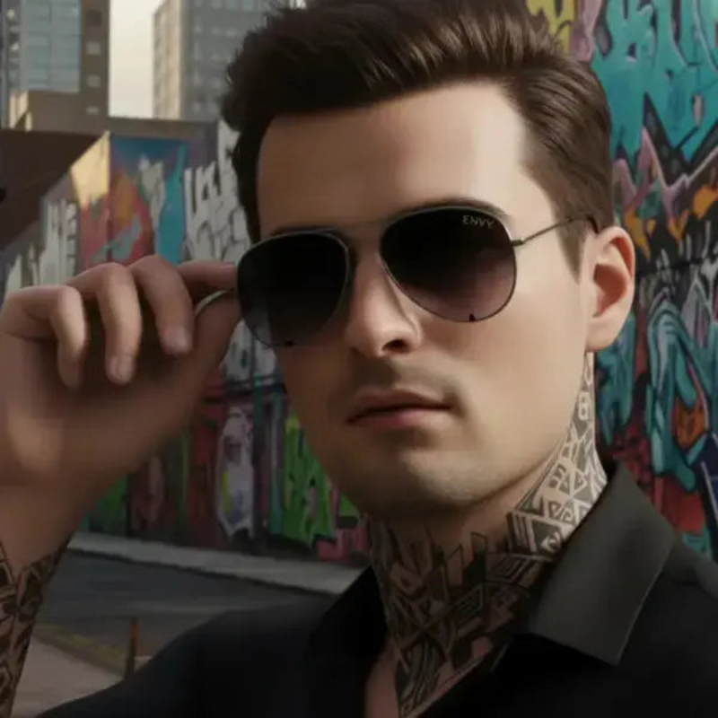 Man wearing Envy Ombre Pilot Black sunglasses with a colorful graffiti wall in the background