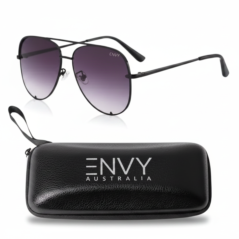 Oscar Black Fade Sunglasses with a black case featuring 'Envy Australia' on a white background