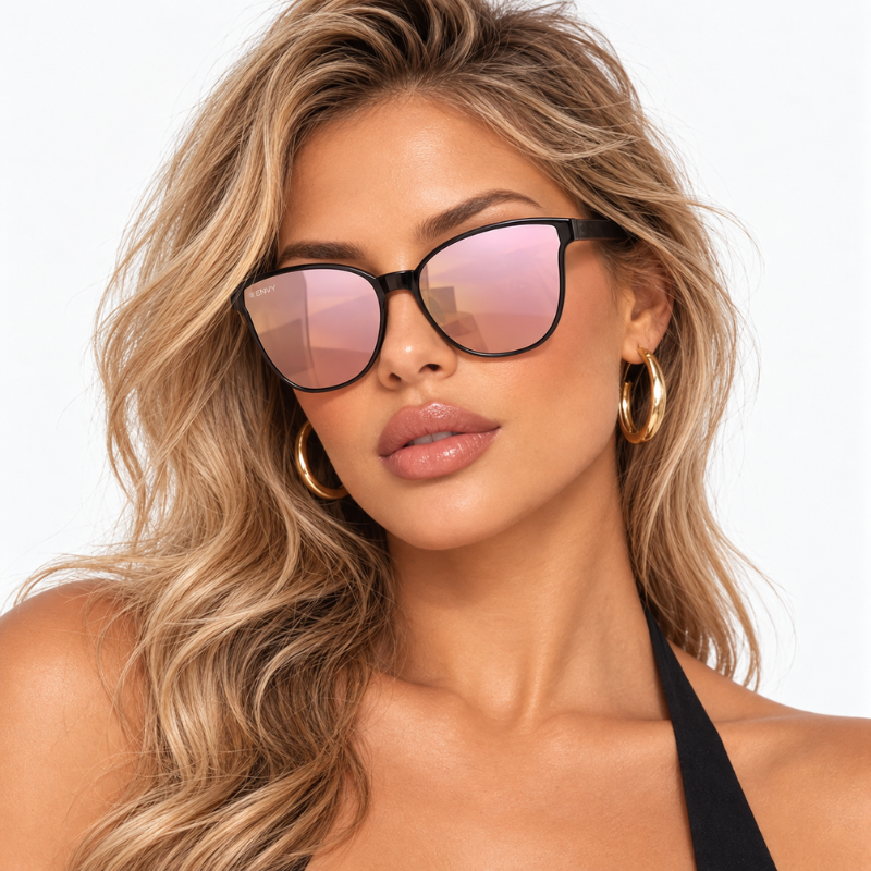 A close-up of a woman with blonde hair wearing oversized square sunglasses with a black frame and pink mirrored lenses, along with gold hoop earrings, against a clean white background.