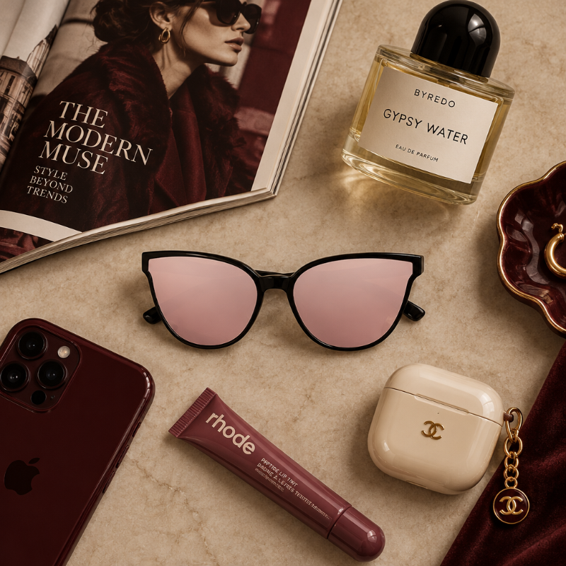 Black cat-eye sunglasses with pink mirrored lenses, shown at a three-quarter angle on a clean white background.