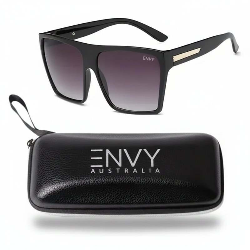 Sahi Black sunglasses with gradient lenses and a black case featuring 'ENVY Australia' on a white background.