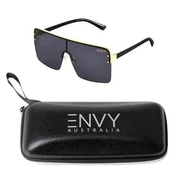 Sunglasses with black frame and dark lenses, accompanied by a black case with 'ENVY Australia' branding on a white background.