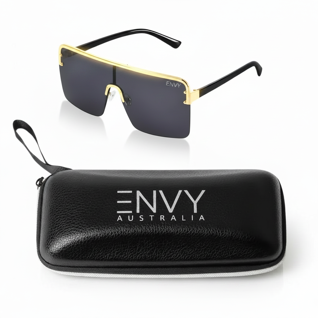 Sunglasses with black frame and dark lenses, accompanied by a black case with 'ENVY Australia' branding on a white background.