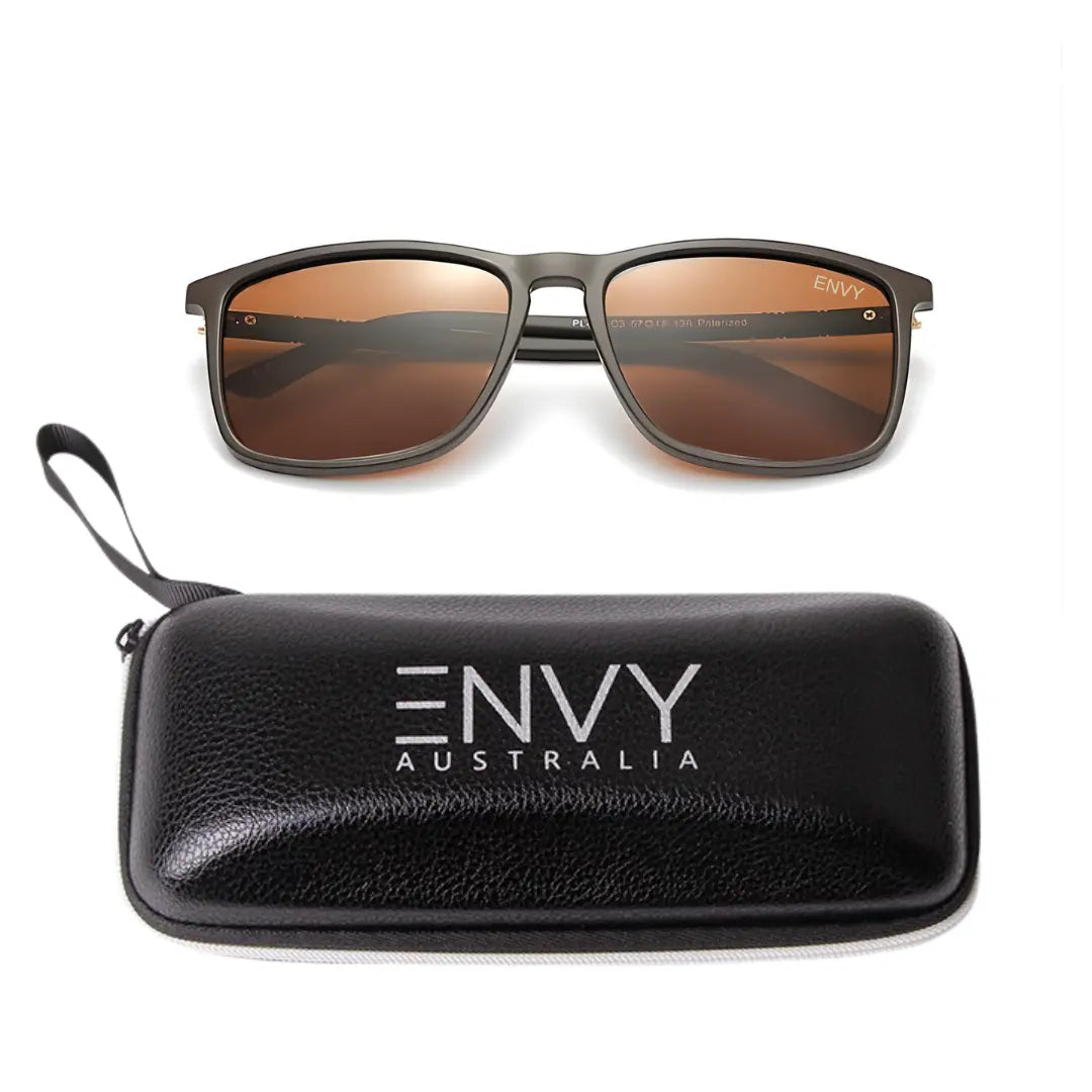 Sunglasses with brown lenses and a black case on a white background, featuring the Envy Australia brand.