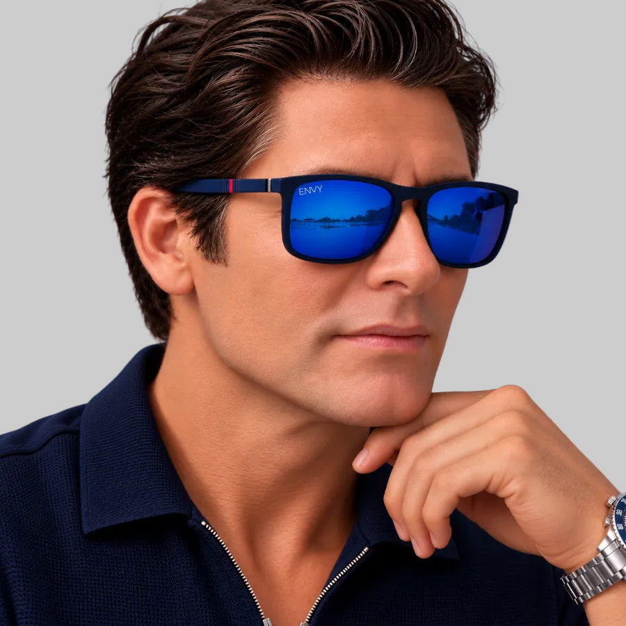 A man wearing navy framed sunglasses with blue mirrored lenses called Trader Blue polarised with red and gold accents on the frames, posed against a light grey background.