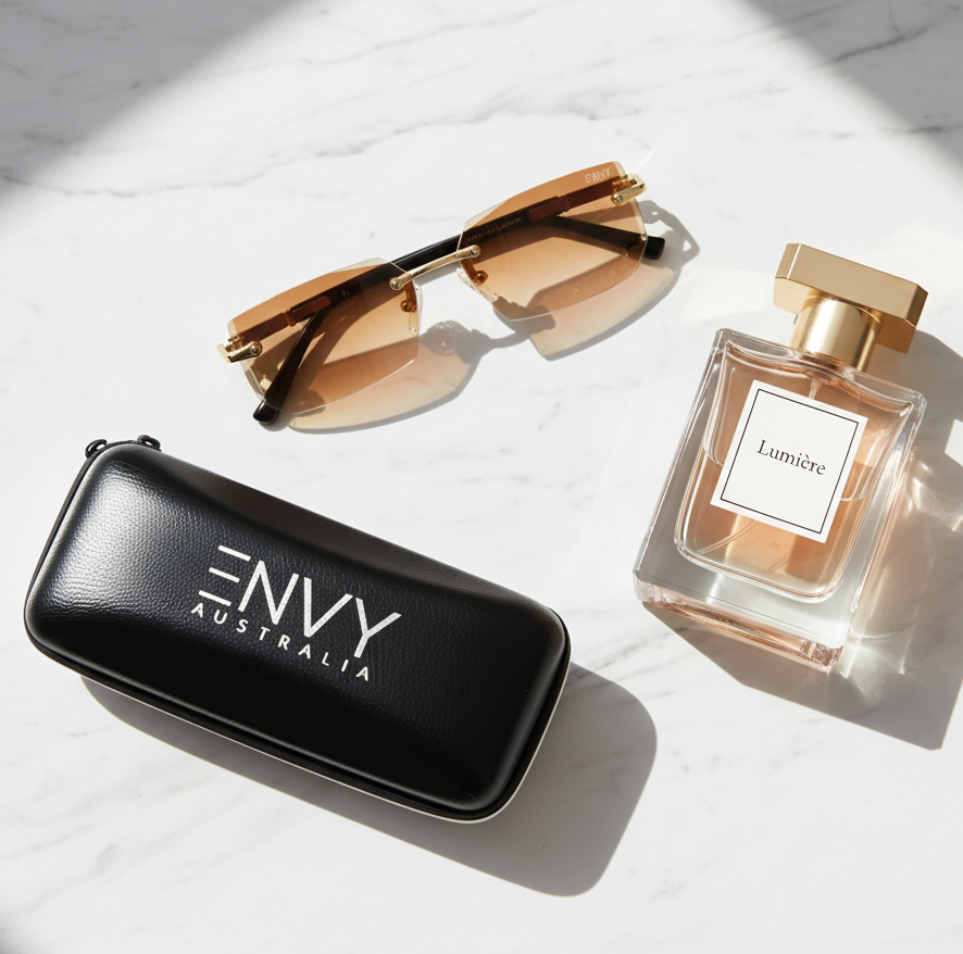 A styled flat-lay featuring a black leather eyeglasses case with 'ENVY AUSTRALIA' printed in white, a pair of Amber gold-framed sunglasses with amber-tinted lenses, and a clear glass perfume bottle with a gold cap and a white label reading 'Lumérière'. The items are arranged on a white marble surface under sharp diagonal sunlight.