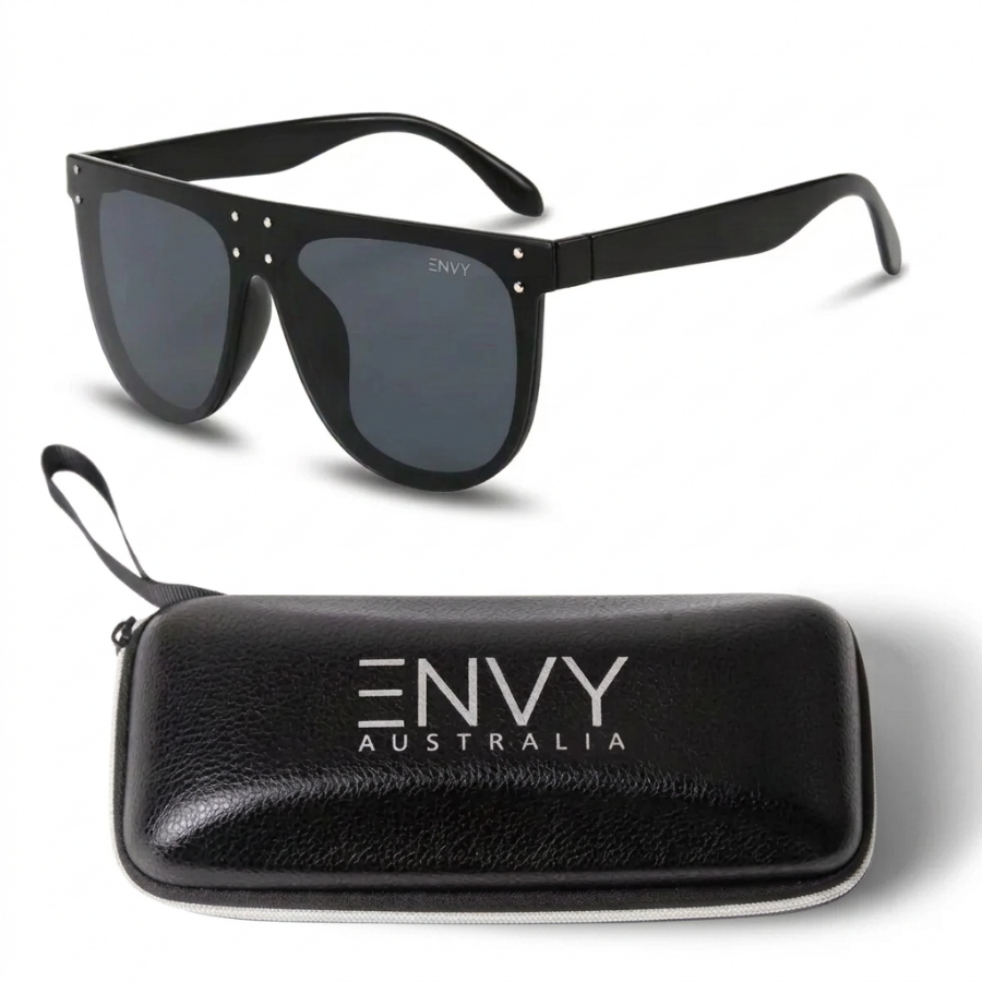 Celebrity Oversized Sunglasses product photo with a thick black frame and dark lenses. The brand name 'ENVY' is visible on the top corner of the frame.