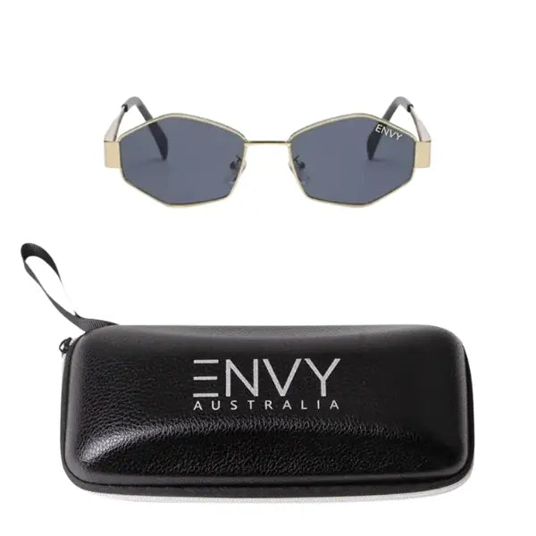 Sunglasses with gold frame and dark lenses, accompanied by a black case with 'Envy Australia' branding on a white background.