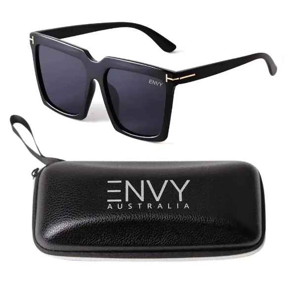 Black sunglasses with 'Envy Australia' case on a white background