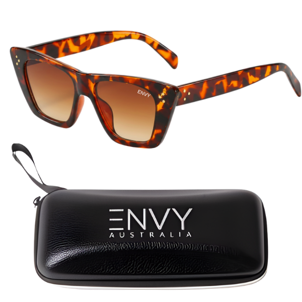Tortoiseshell square-frame sunglasses with brown gradient lenses and an ENvy Australia branded black zippered case, shown on a white background.