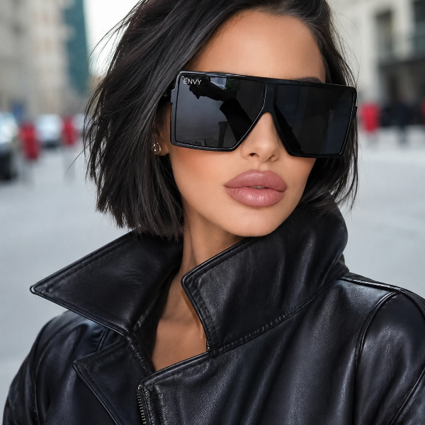 Woman wearing black sunglasses and a black leather jacket on a city street.