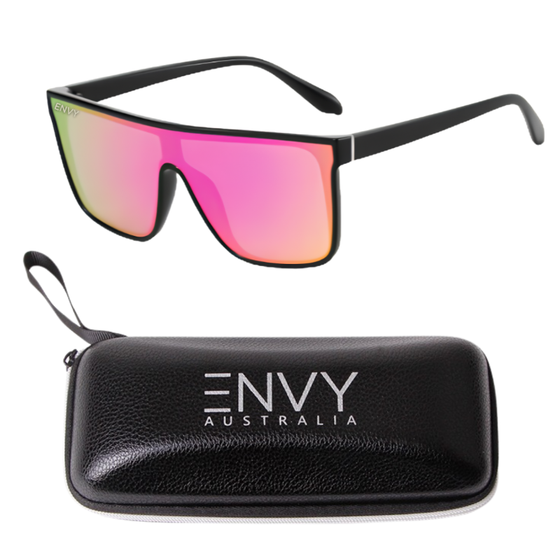 Black shield-style sunglasses with pink-to-orange mirrored lenses, shown above a black zippered ENvy Australia case on a white background.