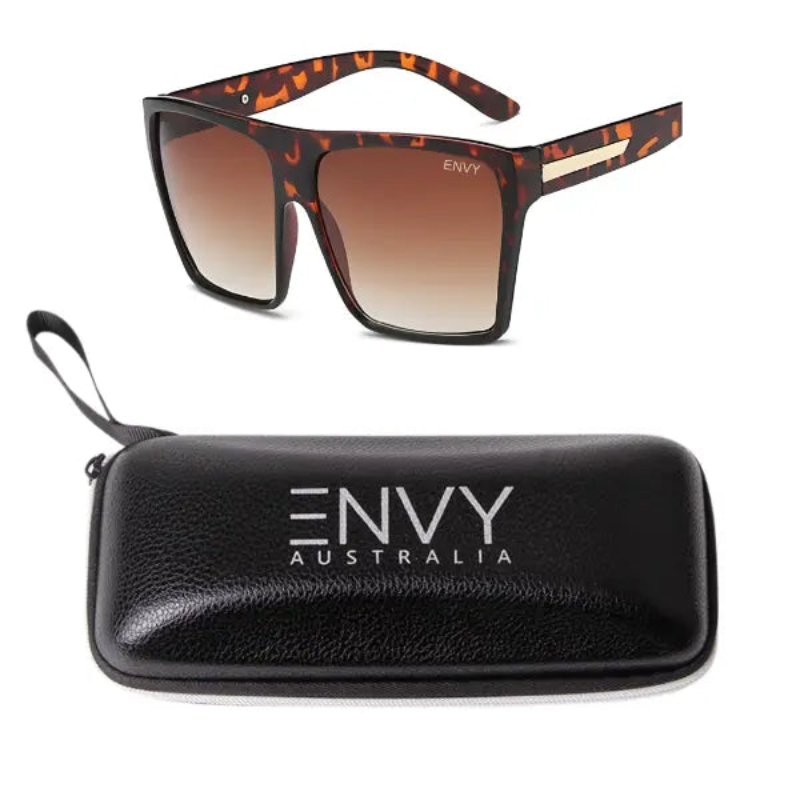 Envy Luxe Sunglasses with tortoiseshell frame and brown gradient lenses, accompanied by a black case with 'ENVY Australia' branding.