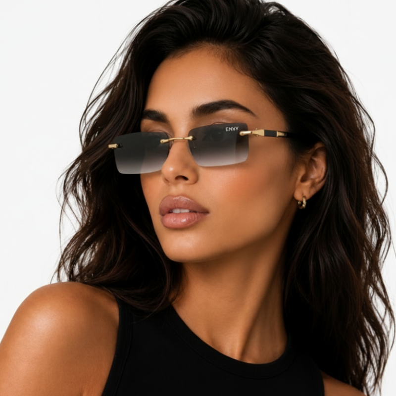 A woman with dark hair wearing Envy Sunglasses Shadow Gold rimless rectangle sunglasses with gold metal frames and dark lenses, paired with a black sleeveless top against a plain white background.