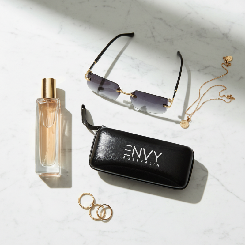 A black leather eyeglasses case with the brand name 'ENVY AUSTRALIA' in white, styled on a white marble background alongside a perfume bottle, Shadow Gold rimless sunglasses, gold necklaces, and rings.