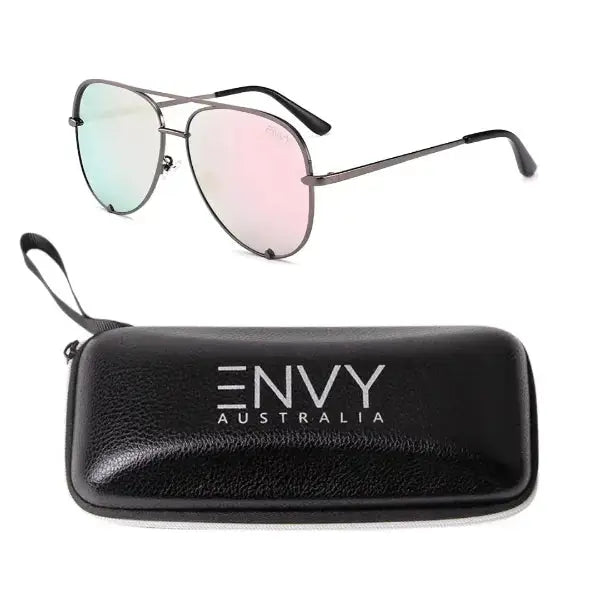 Aviator sunglasses with pink lenses and a black case labeled 'ENVY Australia' on a white background.