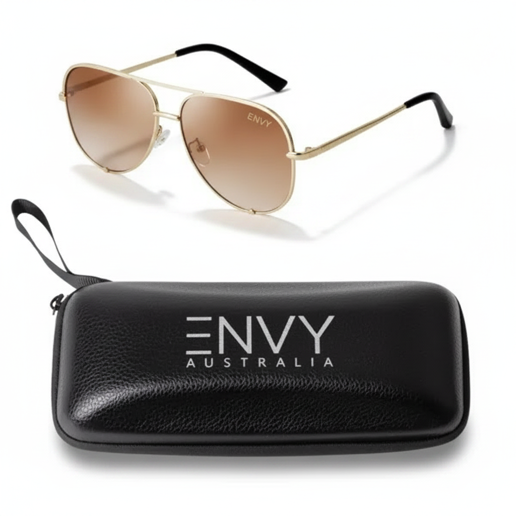 Gold aviator sunglasses with brown gradient lenses and a black case labeled 'ENVY Australia' on a white background.