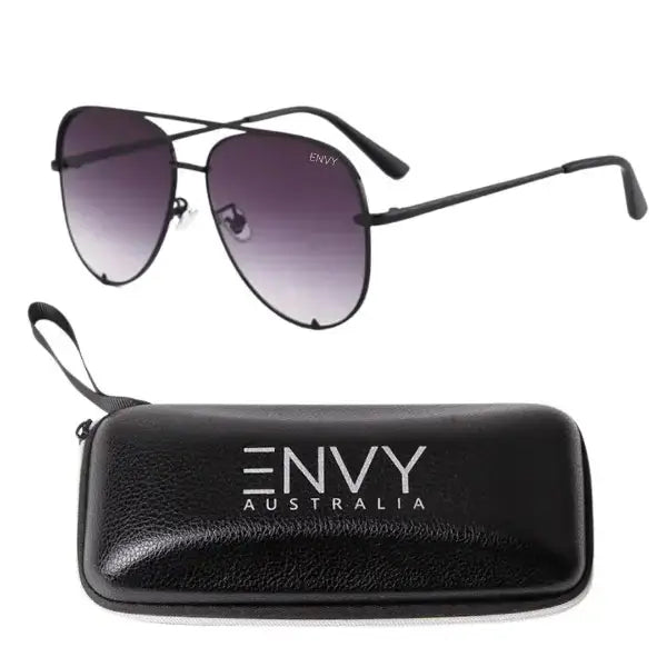 Sunglasses with a black case featuring 'Envy Australia' on a white background