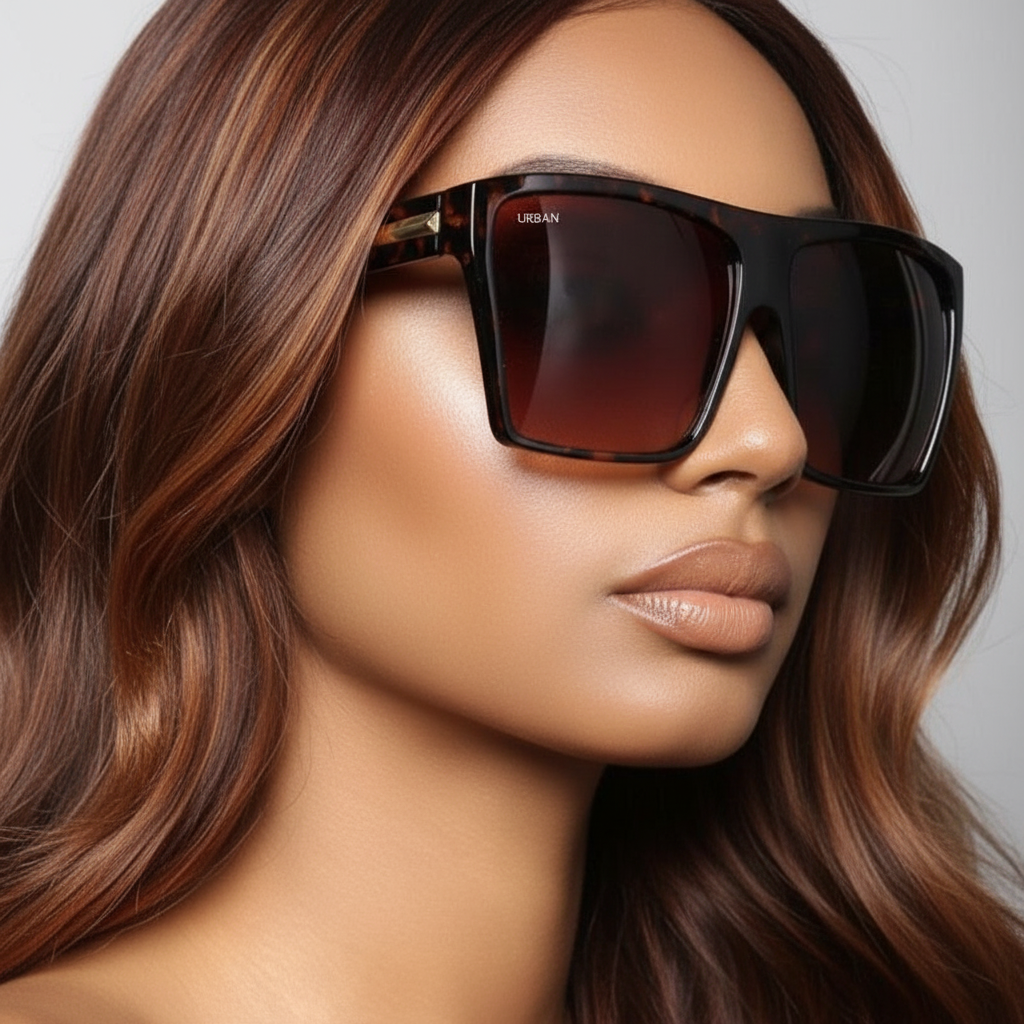 Woman wearing large Envy sunglasses with a neutral background