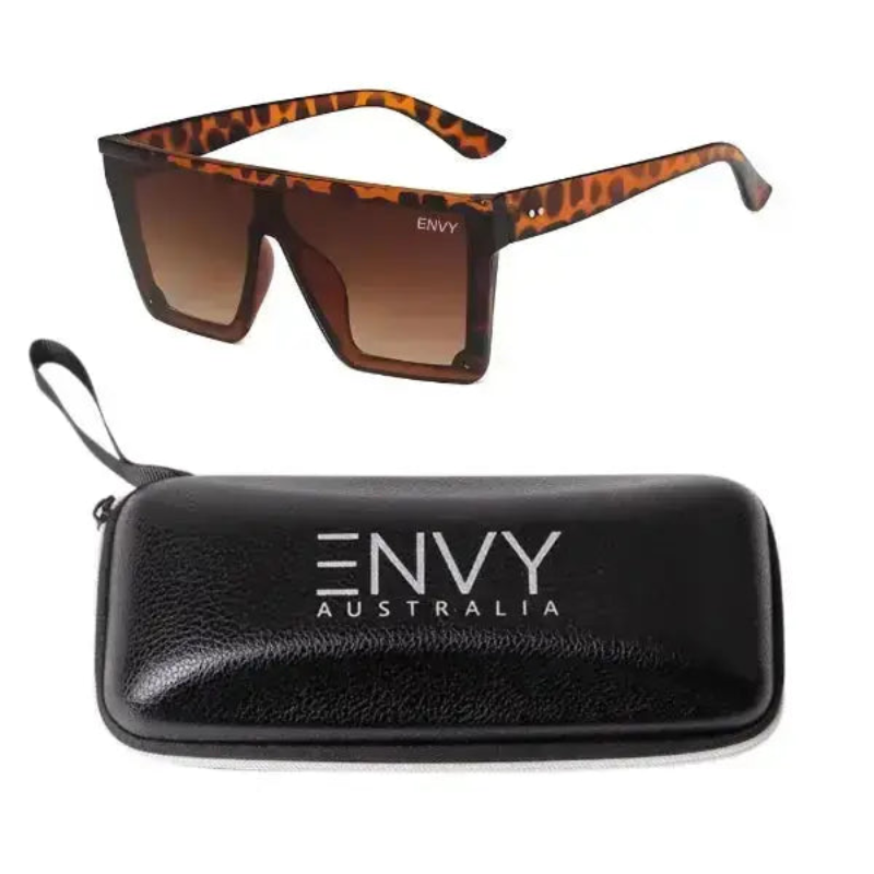 Selena Leopard Sunglasses with tortoiseshell frame and brown gradient lenses, accompanied by a black case with 'ENVY Australia' branding.