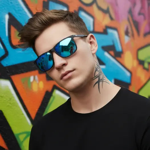 Person wearing reflective Envy sunglasses with a colorful graffiti background