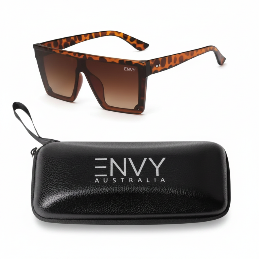 Trendsetter Leopard Sunglasses with tortoiseshell frame and brown gradient lenses, accompanied by a black case with 'ENVY Australia' branding.
