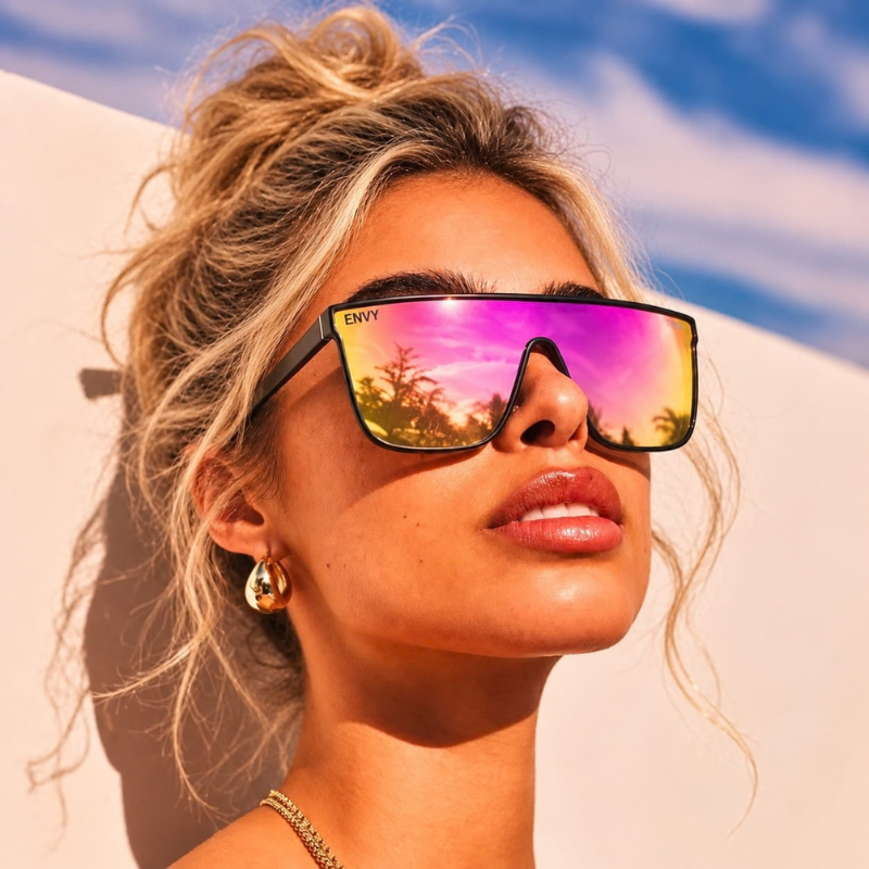 A woman wearing oversized square sunglasses with a black frame and vibrant pink-to-yellow mirrored lenses, photographed outdoors against a bright sunlit wall and blue sky.